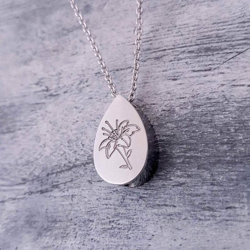 Lilien Blume Feuerbestattung Halskette Gravur Teardrop Urne, Edelstahl-Denkmal Andenken - Haustier-Denkmal von JustVial