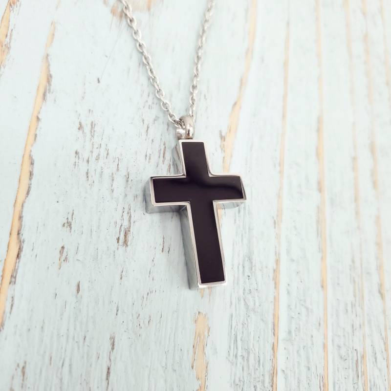 Schwarze Kreuz Feuerbestattung Halskette Edelstahl Ash Urne, Personalisierte Gravur von JustVial