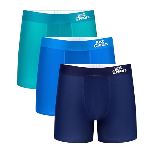 JustWears Boxershorts - Packung mit 3 | Anti Chafing No Ride Up Bio-Unterwäsche für Männer | Perfekt für den Alltag oder Sportarten wie Radfahren & Laufen | Dunkelblau Hellgrün & Hellblau | X-Large von JustWears