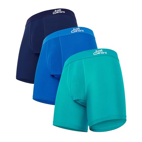 JustWears Boxershorts mit Beutel - Packung mit 3 | Anti Chafing No Ride Up Bio-Unterwäsche für Männer | Für den Alltag oder Sportarten wie Radfahren & Laufen | Dunkelblau Hellgrün & Hellblau | Mittel von JustWears