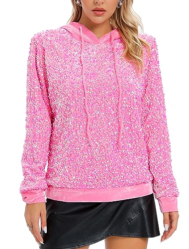 Damen Pailletten Samt Pullover Soft Hoodie, Knallpink (Hot Pink), M von Justalwart