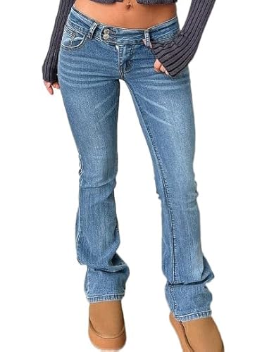 Damen Stretch Low Rise Double Button Elastic Skinny Vintage Flare Jeans, Blue Washed, Groß von Justalwart