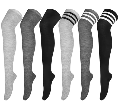 Justay Comf 6 Paare Overknee Strümpfe Damen Mädchen Lange Kniestrümpfe Gestreift Schwarz Weiß Grau Overknee Socken Cosplay Kostüm von Justay Comf