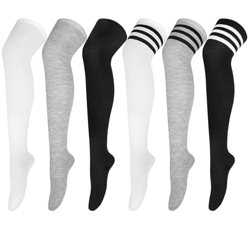 Justay Comf 6 Paare Overknee Strümpfe Damen Mädchen Lange Kniestrümpfe Gestreift Schwarz Weiß Grau Overknee Socken Cosplay Kostüm von Justay Comf
