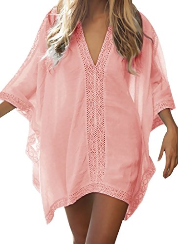 Justay Comf Damen Strandkleid mit Spitze Strandponcho Strandkleider V-Ausschnitt Sommer Bikini Cover Up Badeanzug Bedecken Pareos Bademode Sommer von Justay Comf