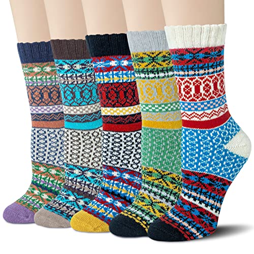 Justay Pucott 5 Paar Winter Wolle Damen fu?r Frauen Thermosocken Socken Bunte Gemusterte Stricksocken von Justay Pucott