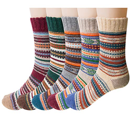 Justay Pucott 5 Paar Wollsocken f¨¹r Frauen Winter Wolle Damen Socken Thermosocken f¨¹r Damen Bunte Gemusterte Stricksocken von Justay Pucott