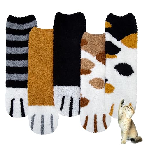 Kuschelsocken Damen Katze 5 Paar Flauschsocken Wintersocken Bettsocken Thermosocken Mädchen Dicke Gemütliche Warme Socken Haussocken Weihnachtssocken Mehrfarbig von Justay Sowarm