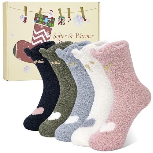 Kuschelsocken Damen Katze 5 Paar Flauschsocken Wintersocken Bettsocken Thermosocken Mädchen Dicke Gemütliche Warme Socken Haussocken Weihnachtssocken Mehrfarbig Geschenkbox von Justay Sowarm