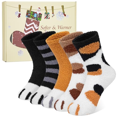 Kuschelsocken Damen Katze 5 Paar Flauschsocken Wintersocken Bettsocken Thermosocken Mädchen Dicke Gemütliche Warme Socken Haussocken Weihnachtssocken Mehrfarbig Geschenkbox von Justay Sowarm