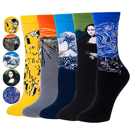 5 Paar Herren Lustige Bunte Socken,Klassische Gemälde Gemusterte Muster Socken, Verrückte Modische Mehrfarbig Socken Einheitsgröße Gelb von Justay Comf