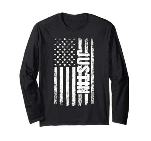 Justin persönlicher Name American Flag Retro Männer Frauen Langarmshirt von Justin spezialisiert den ersten Jungen, den Männer