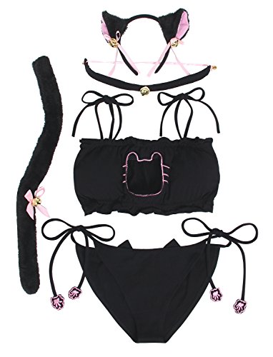 JustinCostume Damen Cosplay Dessous Set Kätzchen Schlüsselloch Cute Sexy Outfit - Schwarz - Large von JustinCostume