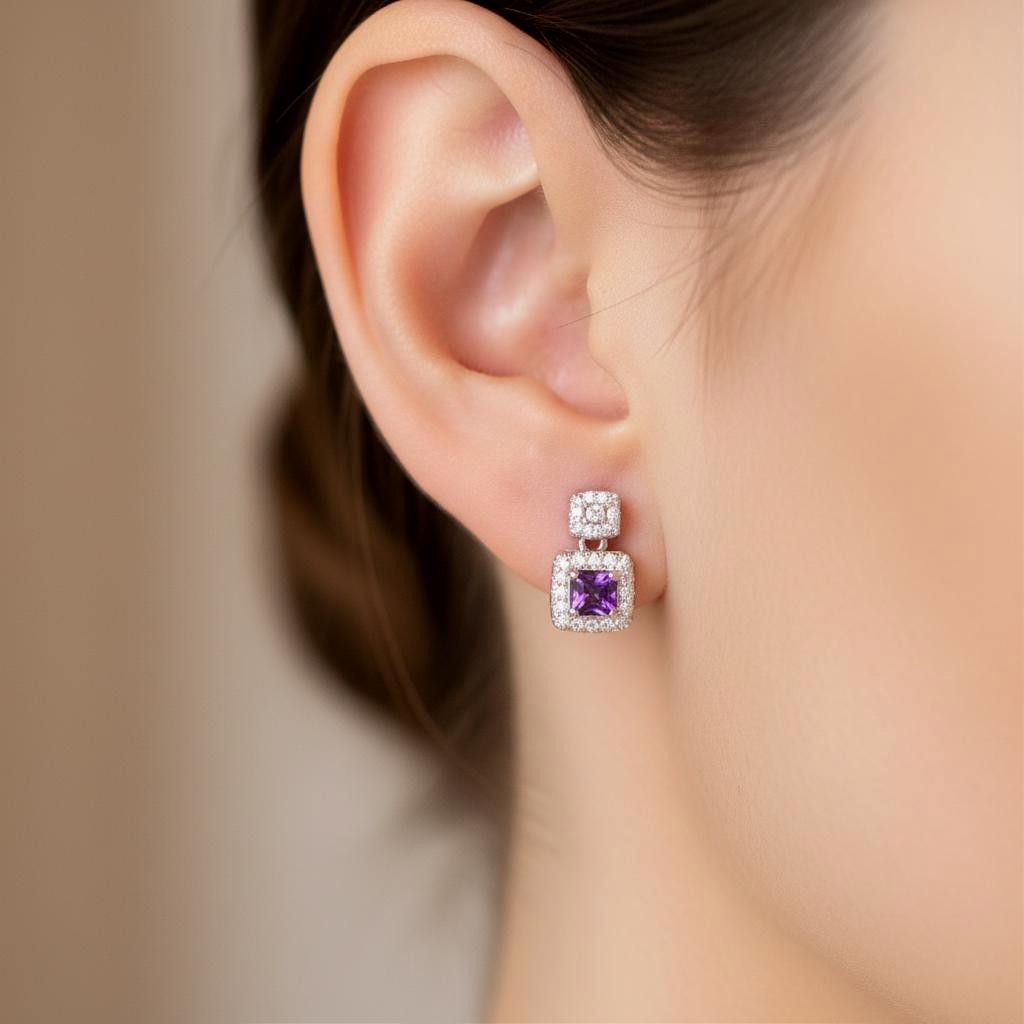 Amethyst Ohrstecker Natürlicher 925 Silber Weißgold Plattiert Elegante Halo Drop Ohrringe Geschenk Für Sie Handgefertigt von JustringSJ