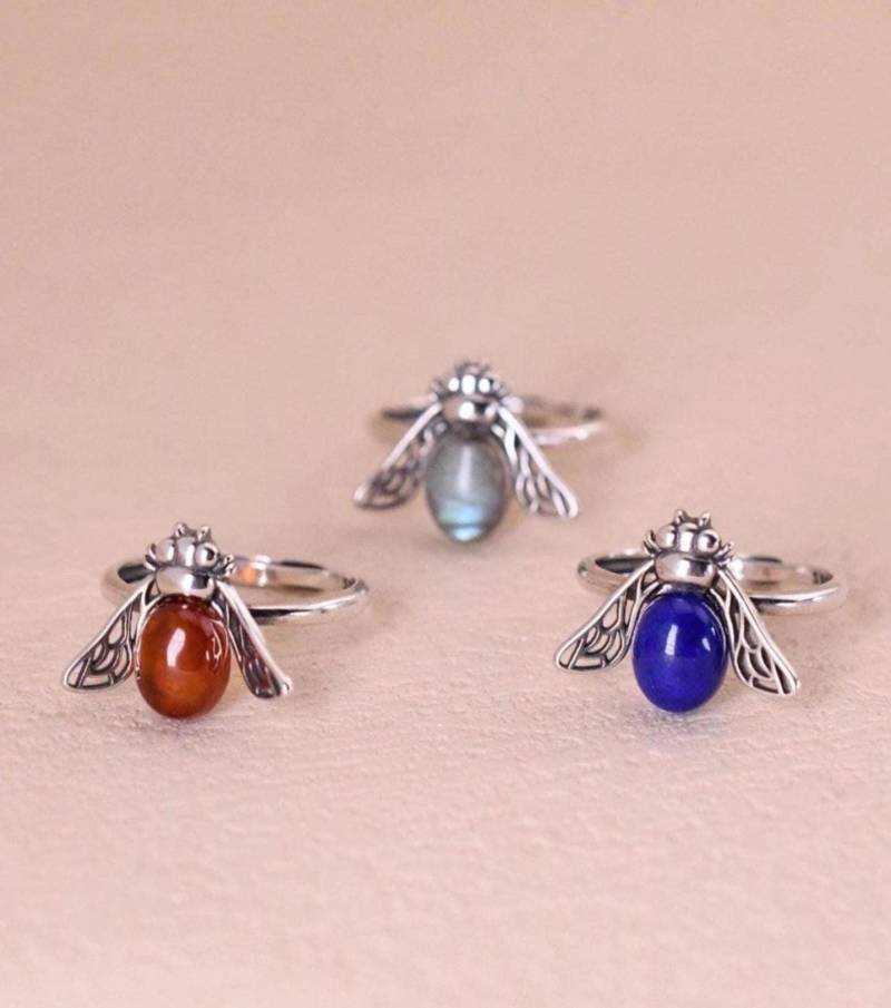 Bienenring Mit Natürlichen Edelsteinen 925Er Silber Natürlicher Labradorit/Lapis Lazuli/Granat Verstellbar Im Naturstil von JustringSJ