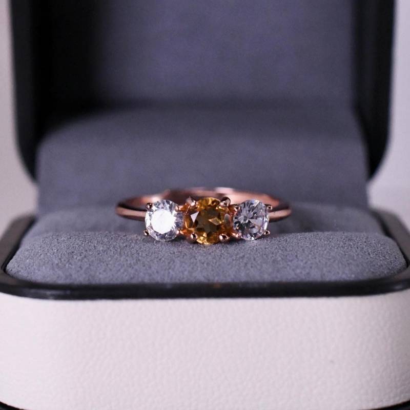 Citrin Ring Citrin-Dreisteinring Geburtsstein-Geschenk Für November 925Er Silberring, Mit 18K Roségold Vergoldet Verstellbarer von JustringSJ