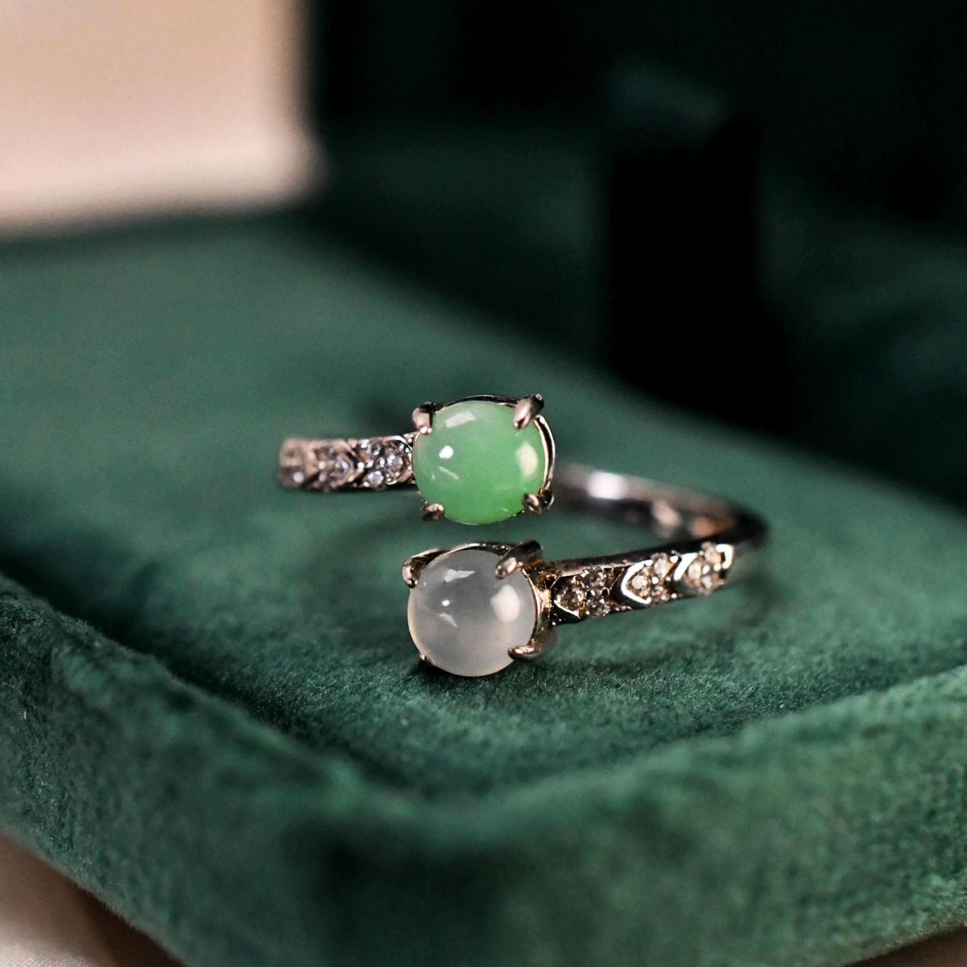 Jade „Moi Et Toi" Ring Natürlicher Grüner & Farbloser 925 Silber Verstellbarer Perfektes Geschenk von JustringSJ