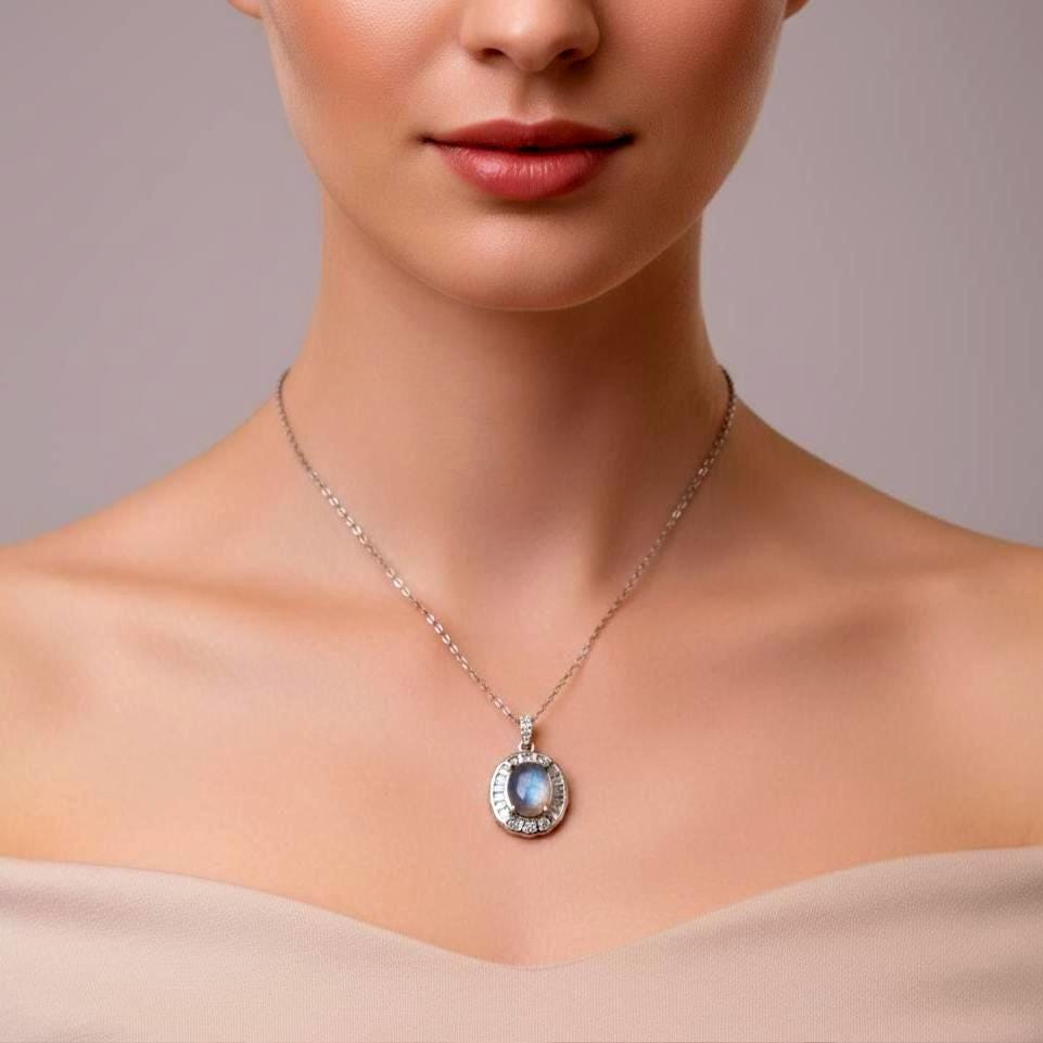 Labradorit Anhänger Natürlicher Blau-Mondstein 925 Silber Kette 45cm Ovaler Cabochon Handgemachter Edelsteinschmuck von JustringSJ