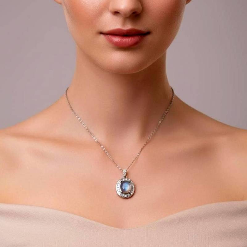 Labradorit Anhänger Natürlicher Blau-Mondstein 925 Silber Kette 45cm Ovaler Cabochon Handgemachter Edelsteinschmuck von JustringSJ