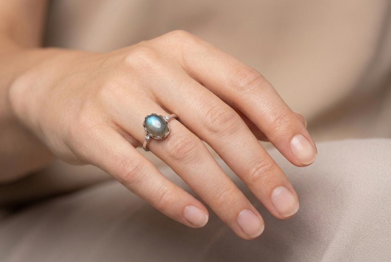 Labradorit Cabochon Ring Natürlicher 925 Silber Verstellbar Handgefertigter Edelsteinring Boho Schmuck Geschenk Für Sie von JustringSJ