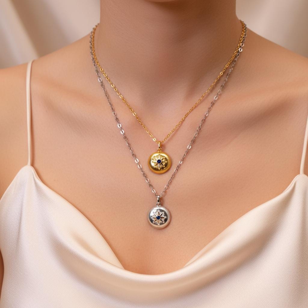 Natürliche Saphir Halskette Zwei Farben 925 Silber Gold & Anhänger Münze Stern Design Zarte Kette Edler Schmuck Damen von JustringSJ