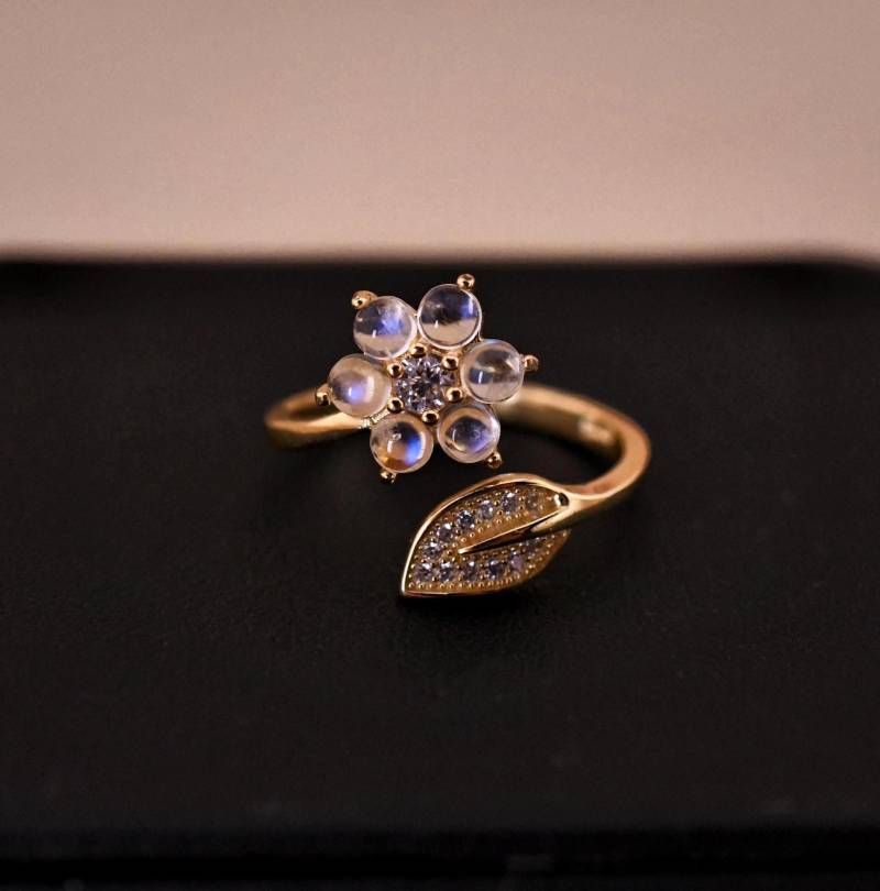 Natürlicher Mondstein Ring Edelsteinring 925Er Silber, Mit 18K Gold Vergoldet Verstellbarer Perfektes Geschenk von JustringSJ