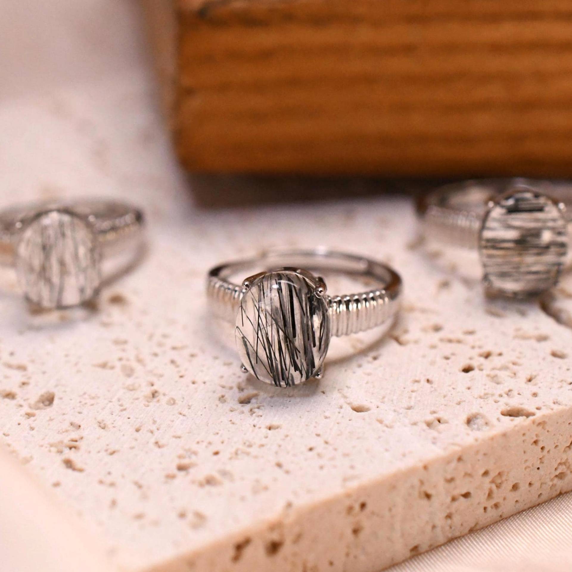 Rutilquarz Ring 925 Silber Verstellbar Natürlicher Schwarzer 9×11mm Drei Designs Edelsteinring Geschenk von JustringSJ