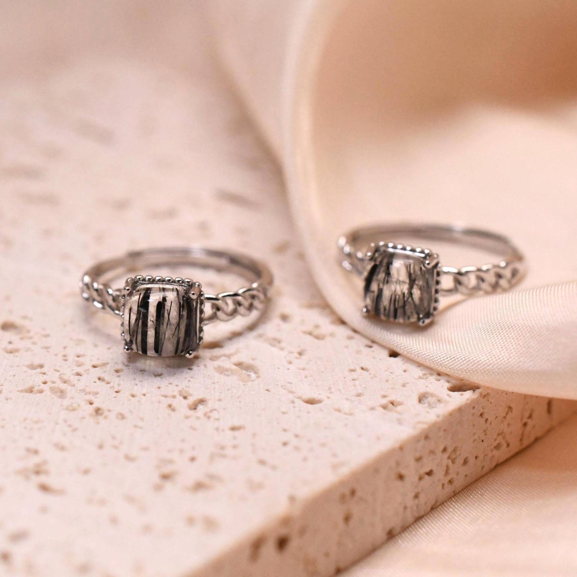 Schwarzer Rutilquarz Ring 925 Silber Verstellbar Natürlicher Handgefertigter Kettenring Edelsteinring Geschenk von JustringSJ