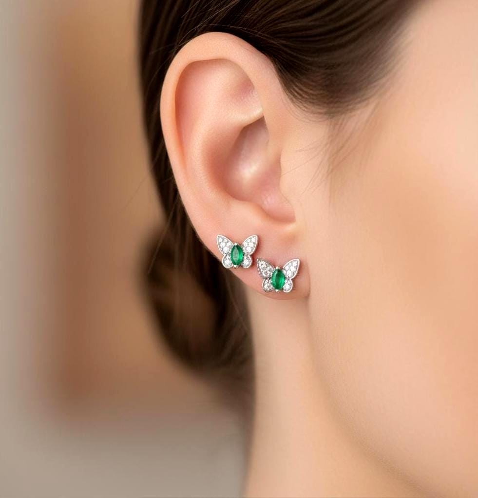 Smaragd Ohrstecker Natürliche 925Er Silber Vergoldet Mit 18K Gold Schmetterling Ohrringe Feine von JustringSJ