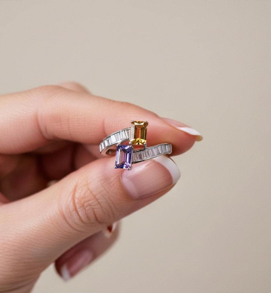 Tansanit-Citrin-Zweistein-Ring | Dezember & November Geburtssteine Natürlicher Tansanit-Citrin 925Er Silber Verstellbarer Geschenk von JustringSJ