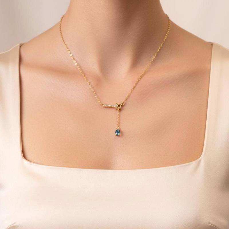 Topas Halskette Sternschnuppen Anhänger Natürlicher London Blue 925 Silber Vergoldet Verstellbar 40-45 cm Geschenk Für Sie von JustringSJ
