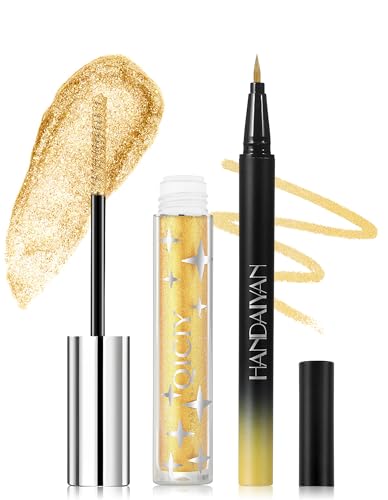 Jutqut Gold Glitter Mascara and Eyeliner Set, Diamond Waterproof & Durable Eyeliner, Volume & Curling Shimmer Mascara, Liquid Metallic Sparkling for Eye Make up, Eye Liner for Wedding or Party von Jutqut