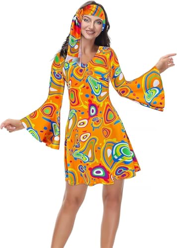 70er Jahre Bekleidung Damen 80er Outfit Disco Party Kleid 80 er 90er 70s Kleidung Hippie Kostüme Halloween Faschingskostüme Karneval Orange M von Jutrisujo
