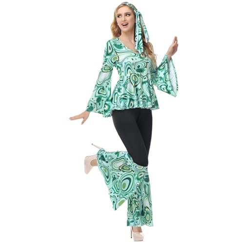 70er Jahre Bekleidung Damen 80er Outfit Disco Party Kleid 80 er 90er 70s Kleidung Hippie Kostüme Top und Schlaghose Halloween Faschingskostüme Karneval Grün XS 70er Jahre Bekleidung Damen 80er Outfit Disco Party Kleid 80 er 90er 70s Kleidung Hippie Kostüme Top und Schlaghose Halloween Faschingskostüme Karneval Grün XS von Jutrisujo