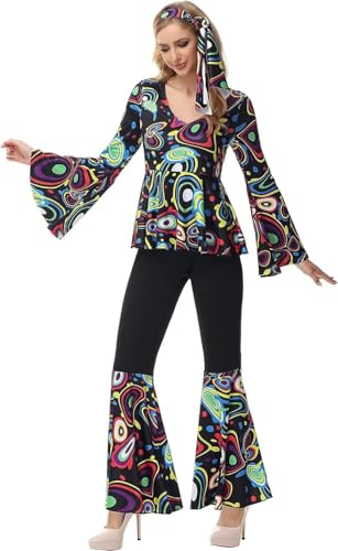 70er Jahre Bekleidung Damen 80er Outfit Disco Party Kleid 80 er 90er 70s Kleidung Hippie Kostüme Top und Schlaghose Halloween Faschingskostüme Karneval Schwarz L von Jutrisujo