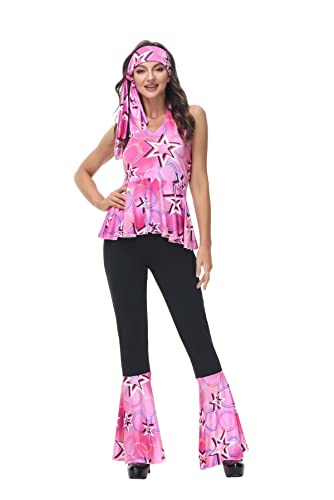 70er Jahre Bekleidung Damen Hippie Kleidung Kostüm Disco Outfit Top und Schlaghose Set 70s 80s 90s Plus Size Halloween ErwacÖsene Pink 2XL von Jutrisujo