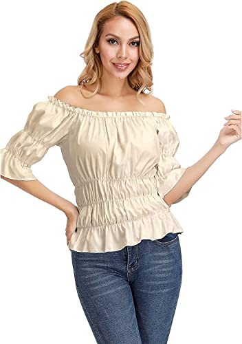 Bluse Damen Elegant Shirt Damenblusen Kurzarm Sommer Sexy Schulterfrei Top Mittelalter Kleidung Kostüm Piraten Vintage Halloween Khaki M von Jutrisujo