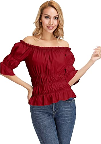 Bluse Damen Elegant Shirt Damenblusen Kurzarm Sommer Sexy Schulterfrei Top Mittelalter Kleidung Kostüm Piraten Vintage Halloween Weinrot M von Jutrisujo