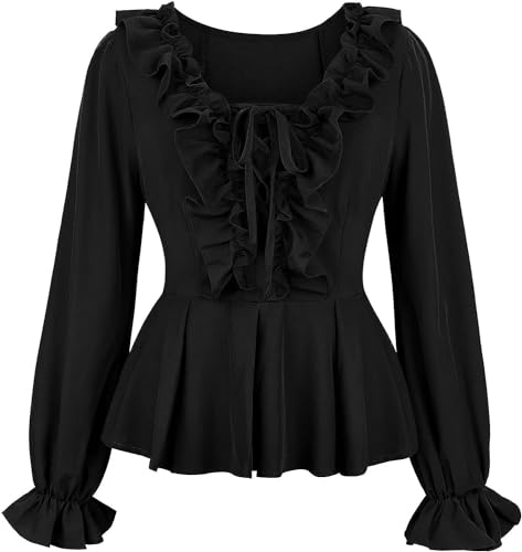 Bluse Schwarz Damen Mittelalter Kleidung Kostüm Gothic T-Shirt Top Elegant Sexy Vintage Halloween Cosplay Piraten Festliche M von Jutrisujo