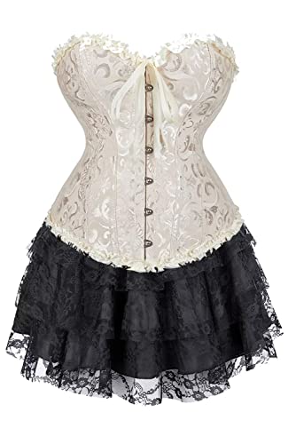 Jutrisujo Corset Dress Korsett Kleid Damen Corsage Rock Kurz Set Elegant Kostüm mit Corsagenkleid Spitzenrock Karneval Halloween Khaki Schwarz M von Jutrisujo