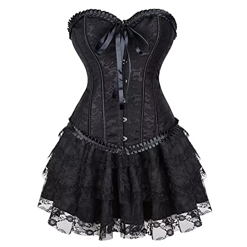 Jutrisujo Corset Dress Korsett Kleider Rock Damen Corsage Bustier Korsettkleid Gothic Burlesque Vintage Schwarz 6XL von Jutrisujo