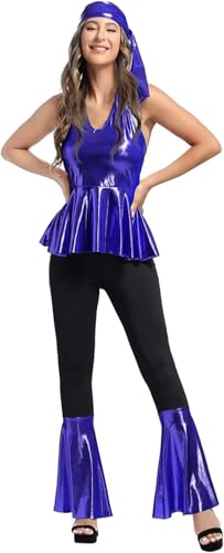 Hippie Kleidung Kostüm Disco Kostüm Outfit Top und Schlaghose Set 70er 80er 90er Übergröße Halloween Damen ErwacÖsene Party Blau 3XL von Jutrisujo