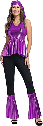 Hippie Kleidung Kostüm Disco Kostüm Outfit Top und Schlaghose Set 70er 80er 90er Übergröße Halloween Damen ErwacÖsene Party Lila L von Jutrisujo