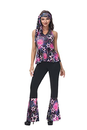 Hippie Kleidung Kostüm Disco Kostüm Outfit Top und Schlaghose Set 70er 80er 90er Übergröße Halloween Damen ErwacÖsene Party Rosa Schwarz 3XL von Jutrisujo