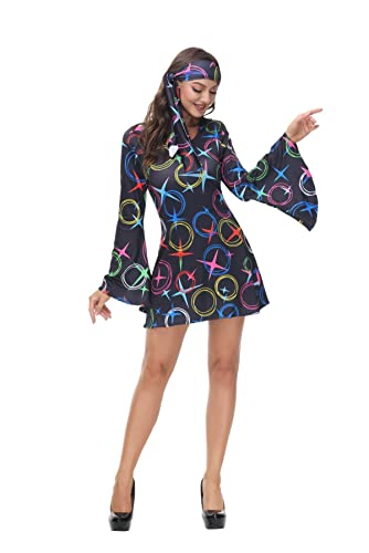 Hippie Kostüme Damen 70er Jahre Kleid Disco Outfit 70s Karneval Fancy Dress Women Halloween Costumes Clothing Schwarz 2XL von Jutrisujo