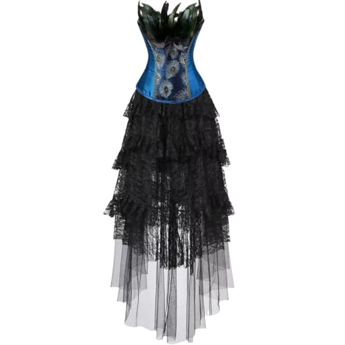 Jutrisujo Corsage korsett kleid korsettkleid dress Vollbrust Feder bustier Damen Dessous Stickerei Kostüme Pfau Pattern Burlesque Blau 4XL von Jutrisujo