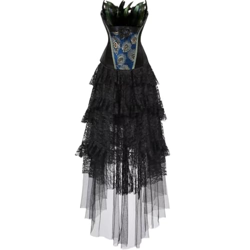 Jutrisujo Corsage korsett kleid korsettkleid dress Vollbrust Feder bustier Damen Dessous Stickerei Kostüme Pfau Pattern Burlesque Schwarz 4XL von Jutrisujo