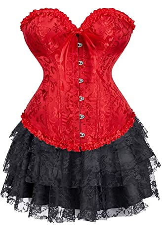 Jutrisujo Corsagenkleid Damen Festlich Kleid Rock Elegant Kostüm mit Korsagenkleid Spitzenrock Karneval Halloween Schwarz Rot 2XL von Jutrisujo
