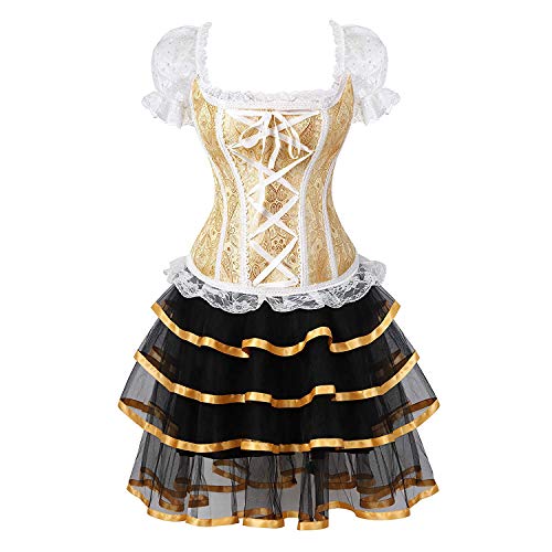 Corsagenkleid Korsett elegant Spitze Kleider Rock Corsage Korsage mit tüllrock Gothic Halloween Burlesque Damen Gold XL von Jutrisujo