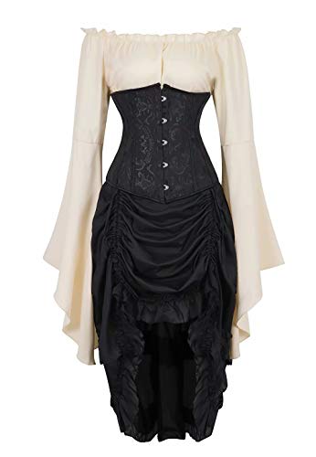 Jutrisujo Corsagenkleid unterbrust Corsage bustiers korsett kleid burlesque Spitzenrock und Bluse für Karneval 3-teiliges Set Khaki Black 2xl von Jutrisujo